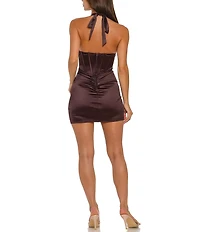 B. Darlin Knit Satin Halter Neck Deep V-Neck Corset Side Slit Bodycon Dress