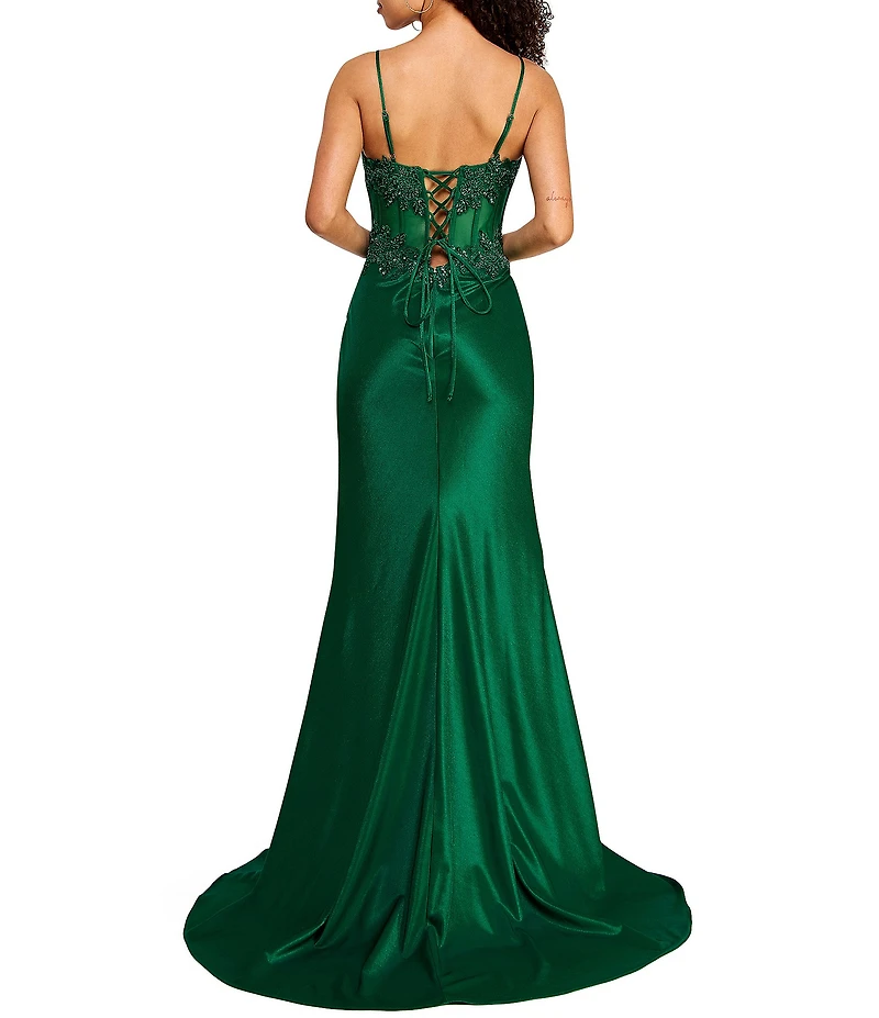 B. Darlin Lace Trim Sweetheart Neck Illusion Bustier Bodice Lace Up Back Side Slit Ball Gown