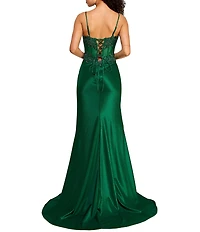 B. Darlin Lace Trim Sweetheart Neck Illusion Bustier Bodice Lace Up Back Side Slit Ball Gown