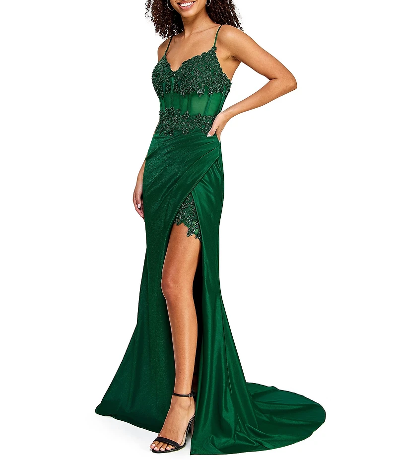 B. Darlin Lace Trim Sweetheart Neck Illusion Bustier Bodice Lace Up Back Side Slit Ball Gown