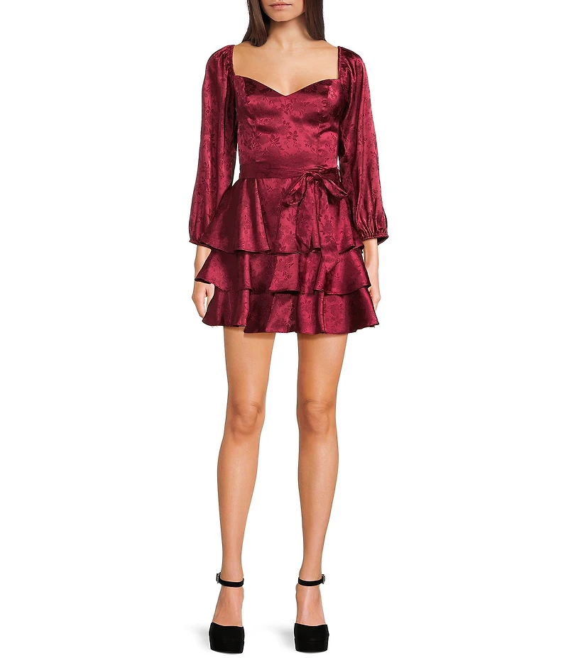 B. Darlin Floral Print Long Sleeve Tie Waist Tiered Fit & Flare Dress