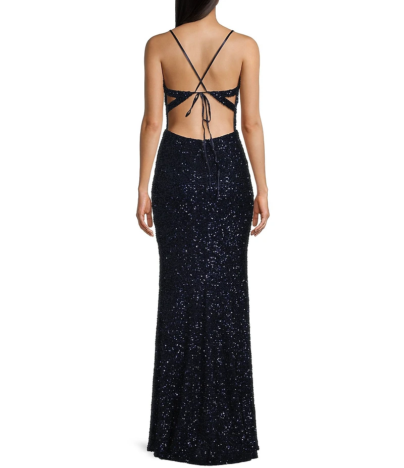 B. Darlin Mesh Sequin Spaghetti Strap V-Neck Dress