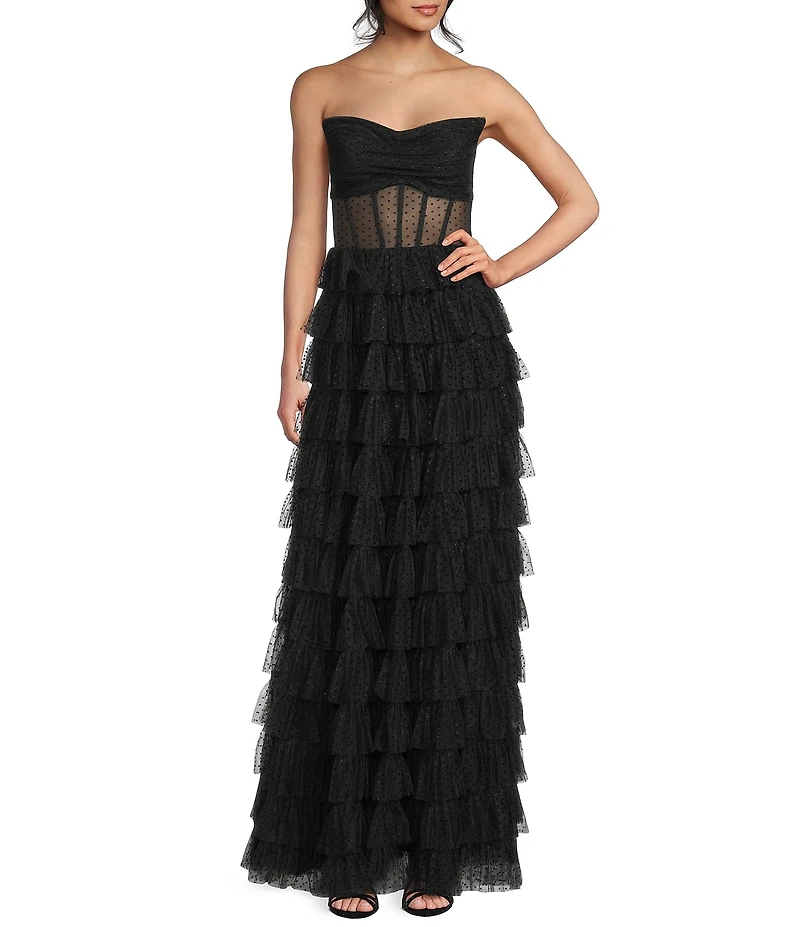 B. Darlin Mesh Strapless Pleated Illusion Bodice Ruffle Tiered Dress