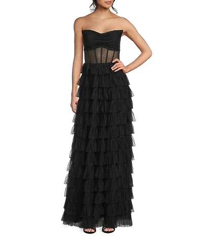 B. Darlin Mesh Strapless Pleated Illusion Bodice Ruffle Tiered Dress