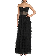 B. Darlin Mesh Strapless Pleated Illusion Bodice Ruffle Tiered Dress