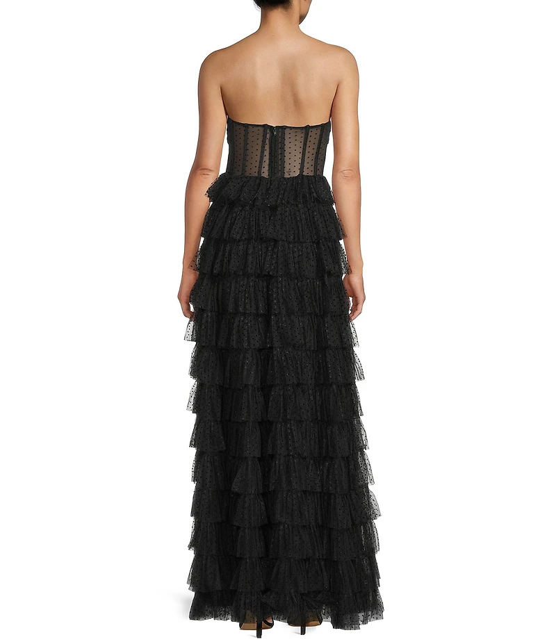 B. Darlin Mesh Strapless Pleated Illusion Bodice Ruffle Tiered Dress