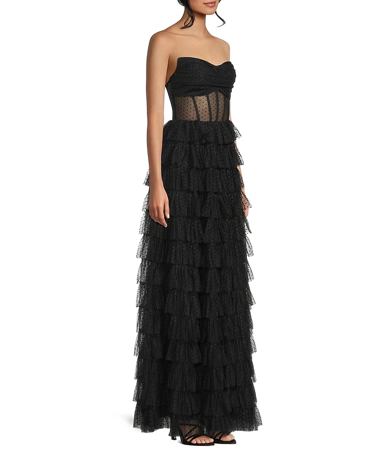 B. Darlin Mesh Strapless Pleated Illusion Bodice Ruffle Tiered Dress