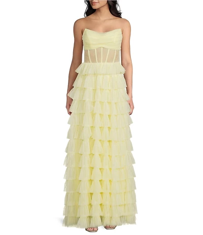 B. Darlin Mesh Strapless Shirred Scoop Neck Illusion Corset Bodice Tiered Ruffle Long Dress