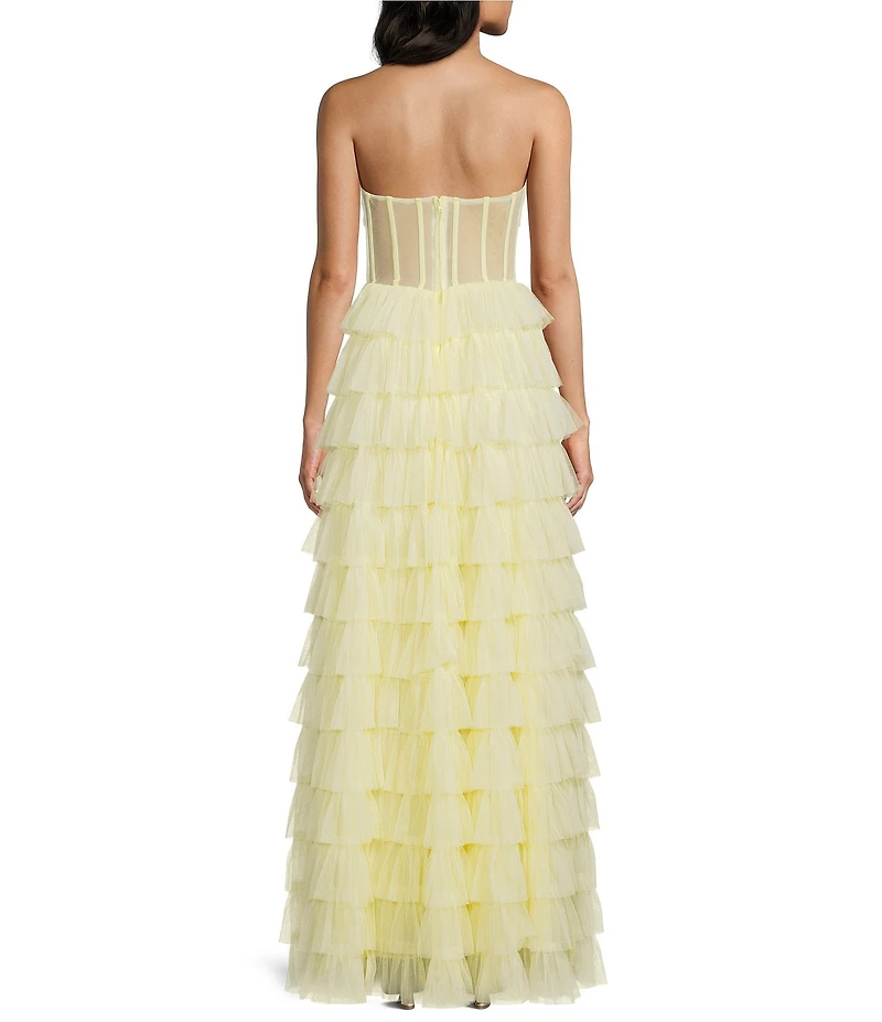 B. Darlin Mesh Strapless Shirred Scoop Neck Illusion Corset Bodice Tiered Ruffle Long Dress