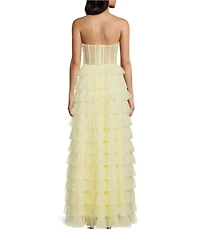 B. Darlin Mesh Strapless Shirred Scoop Neck Illusion Corset Bodice Tiered Ruffle Long Dress