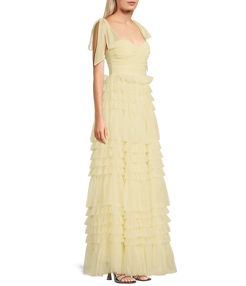 B. Darlin Mesh Sweetheart Neck Tie Strap Bustier Ruffled Dress