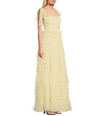B. Darlin Mesh Sweetheart Neck Tie Strap Bustier Ruffled Dress