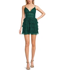 B. Darlin Mesh V-Neck Shirred Bodice Tiered Ruffle Dress