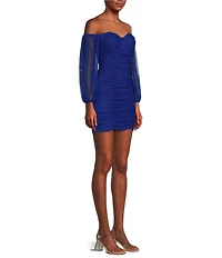 B. Darlin Glitter Mesh Sweetheart Neck 3/4 Sleeve Corset Ruched Bodycon Dress
