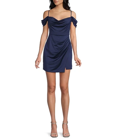 B. Darlin Off The Shoulder Cowl Neck Front Slit Dress