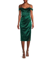 B. Darlin Off The Shoulder Pleated Front Slit Dress