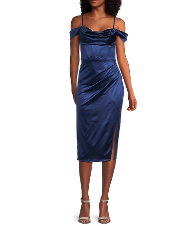 B. Darlin Off The Shoulder Pleated Front Slit Dress