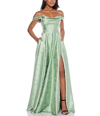 B. Darlin Off-The-Shoulder Spaghetti Strap Floral Printed Long Dress