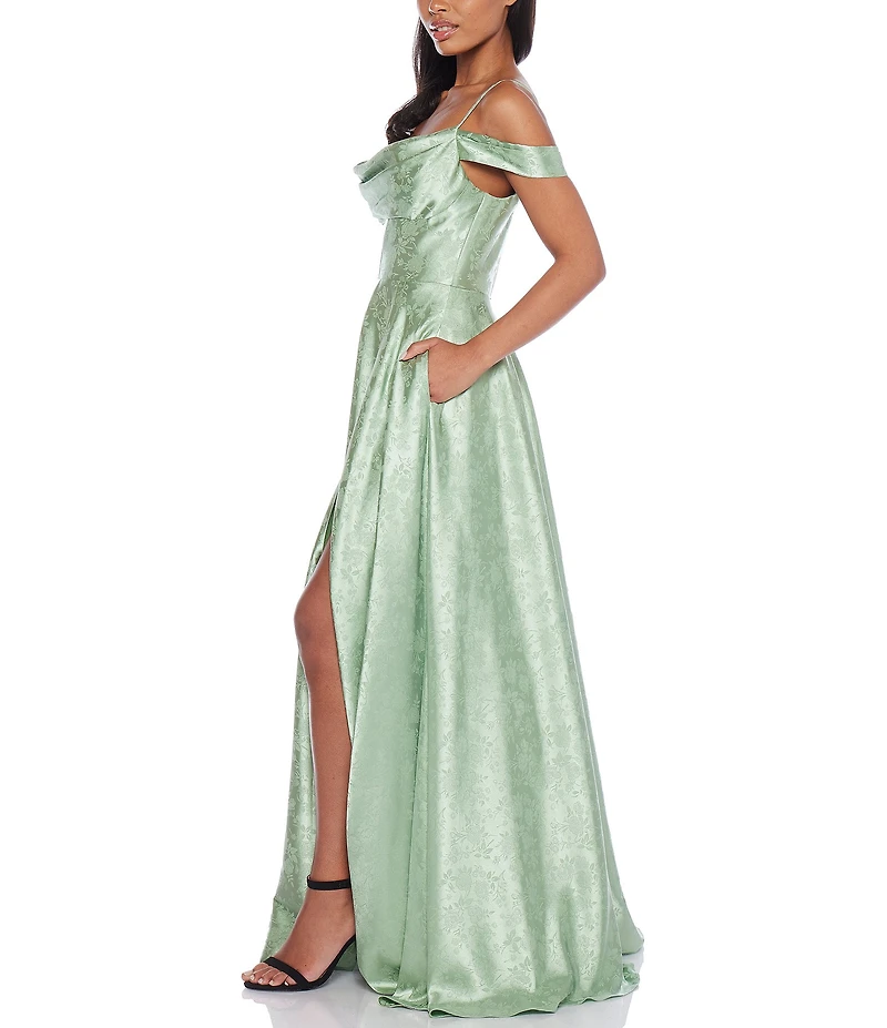 B. Darlin Off-The-Shoulder Spaghetti Strap Floral Printed Long Dress