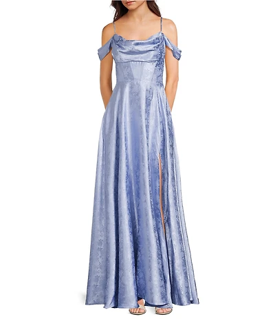 B. Darlin Off-The-Shoulder Spaghetti Strap Floral Printed Long Dress