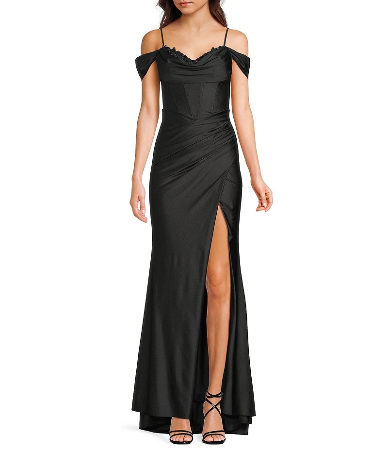 B. Darlin Off The Shoulder Sweetheart Drape Neck Corseted Faux Wrap Front Front Slit Long Dress