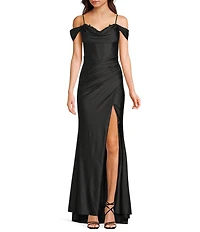B. Darlin Off The Shoulder Sweetheart Drape Neck Corseted Faux Wrap Front Front Slit Long Dress