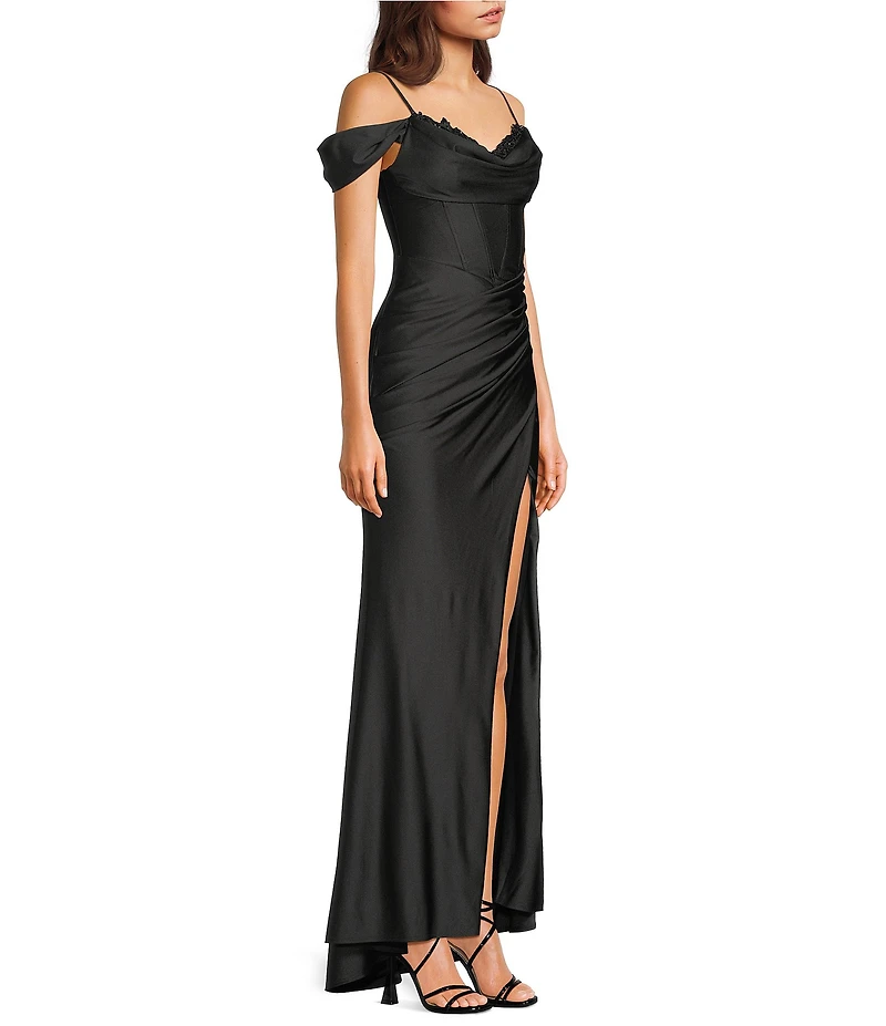 B. Darlin Off The Shoulder Sweetheart Drape Neck Corseted Faux Wrap Front Front Slit Long Dress