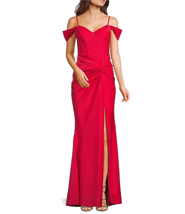b darlin off the shoulder dress B. Darlin Off The Shoulder Pleated Front Slit Dress