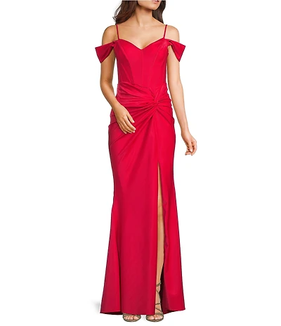 B. Darlin Off-The-Shoulder Sweetheart Neck Corseted Twist Front Side Slit Long Dress
