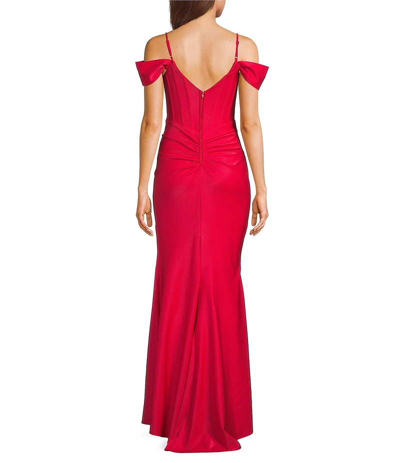 B. Darlin Off-The-Shoulder Sweetheart Neck Corseted Twist Front Side Slit Long Dress