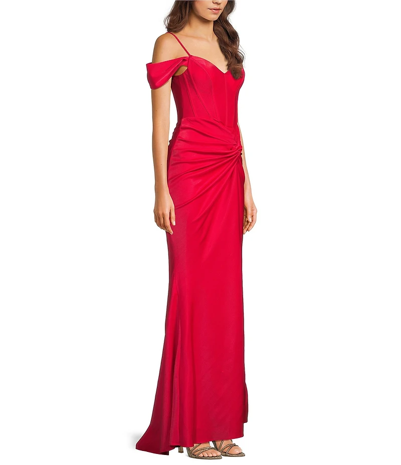 B. Darlin Off-The-Shoulder Sweetheart Neck Corseted Twist Front Side Slit Long Dress