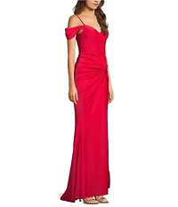 B. Darlin Off-The-Shoulder Sweetheart Neck Corseted Twist Front Side Slit Long Dress
