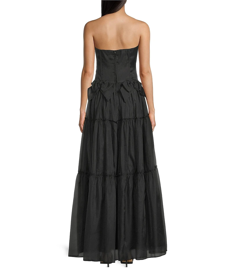 B. Darlin Organza Strapless Bustier Bow Front Tiered Ballgown