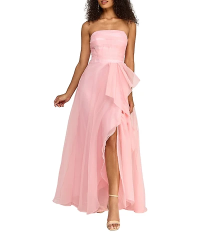 B. Darlin Organza Strapless Shirred Bodice Cascade Ruffle Long Dress