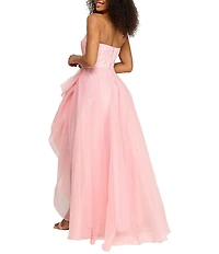 B. Darlin Organza Strapless Shirred Bodice Cascade Ruffle Long Dress