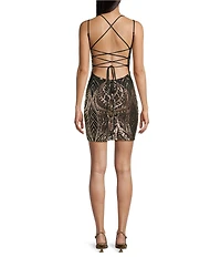 B. Darlin Patterned Sequin Scoop Neck Lace Up Back Bodycon Dress