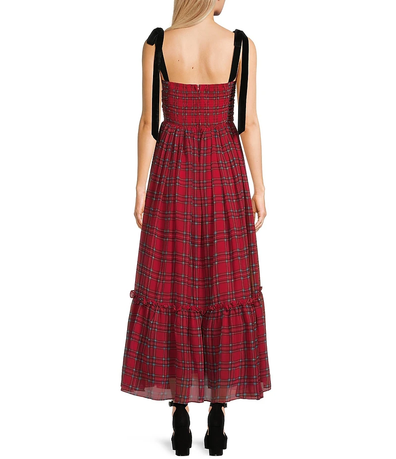 B. Darlin Plaid Printed Tie Shoulder Bustier Bodice Midi Dress