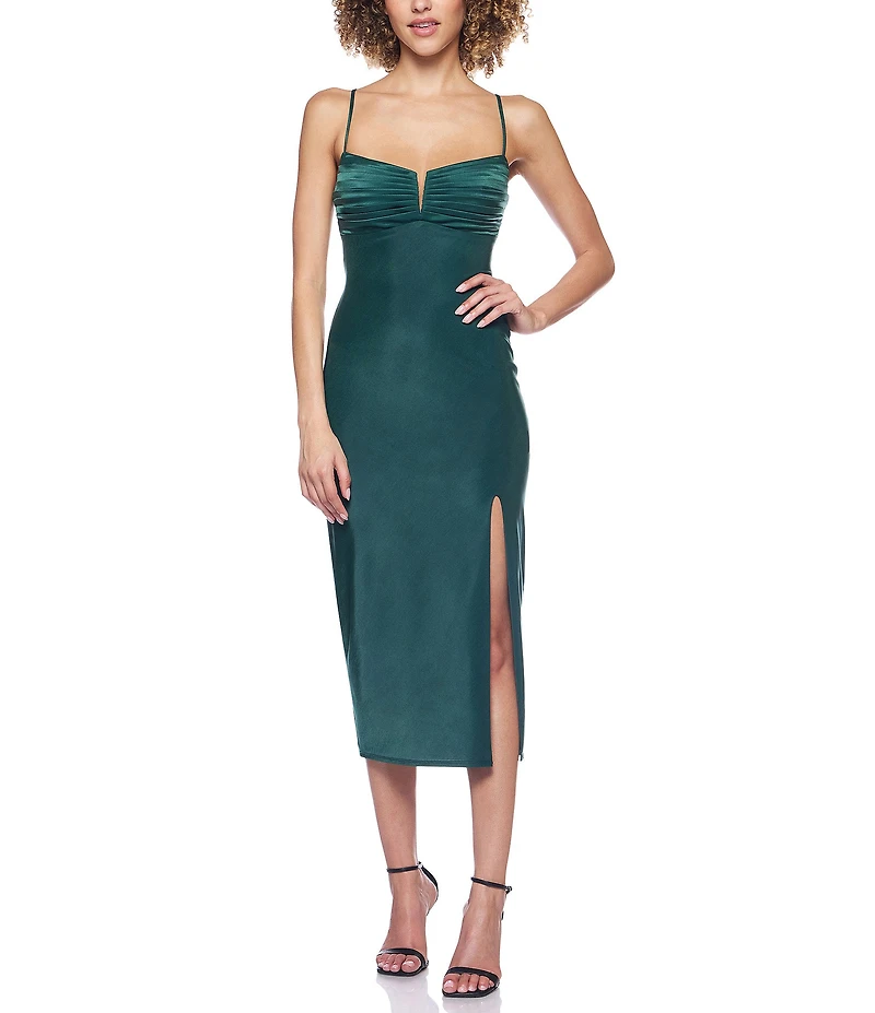 B. Darlin Pleated Bust Spaghetti Strap Lace Up Back Side Slit Midi Dress