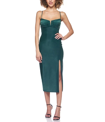 B. Darlin Pleated Bust Spaghetti Strap Lace Up Back Side Slit Midi Dress