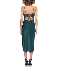 B. Darlin Pleated Bust Spaghetti Strap Lace Up Back Side Slit Midi Dress