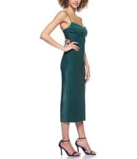 B. Darlin Pleated Bust Spaghetti Strap Lace Up Back Side Slit Midi Dress