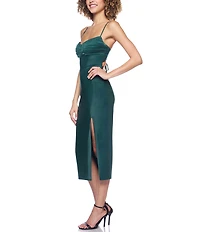 B. Darlin Pleated Bust Spaghetti Strap Lace Up Back Side Slit Midi Dress