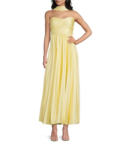 B. Darlin Pleated Strapless Sweetheart Neck Scarf Lace Up Back Maxi Dress
