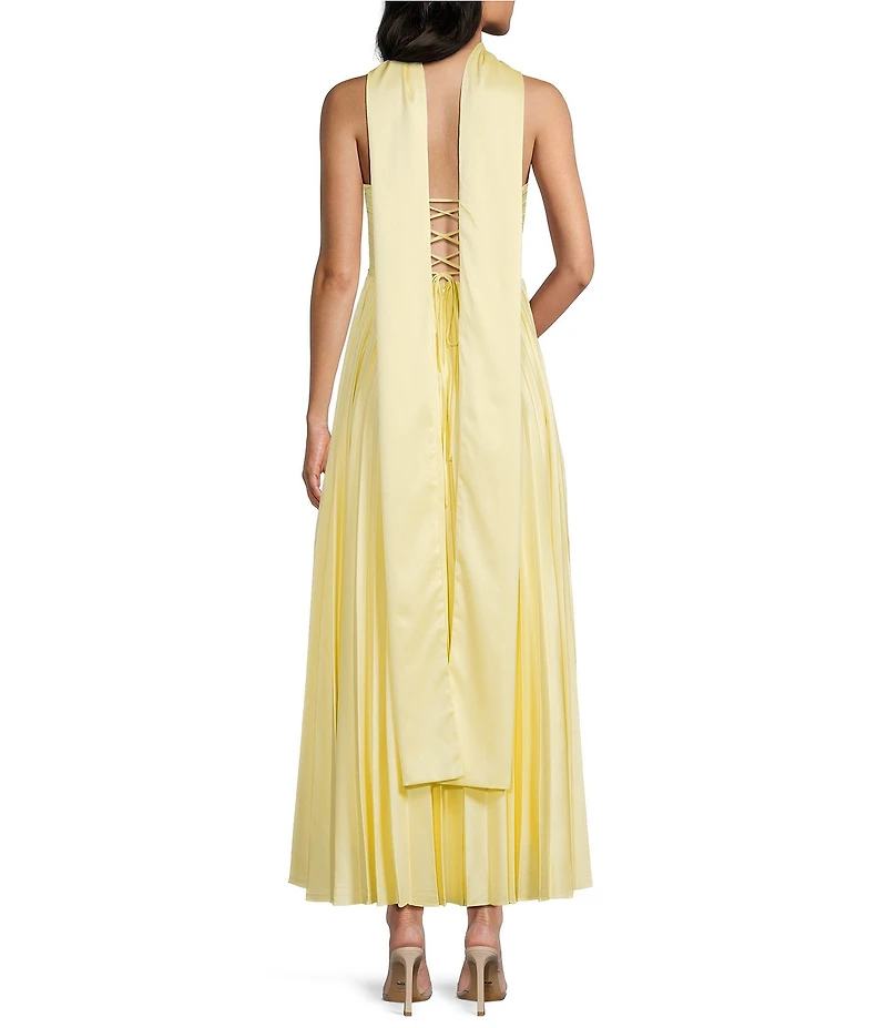 B. Darlin Pleated Strapless Sweetheart Neck Scarf Lace Up Back Maxi Dress