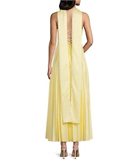 B. Darlin Pleated Strapless Sweetheart Neck Scarf Lace Up Back Maxi Dress