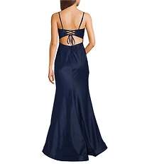 B. Darlin Pleated V-Neck Lace Up Back Long Dress