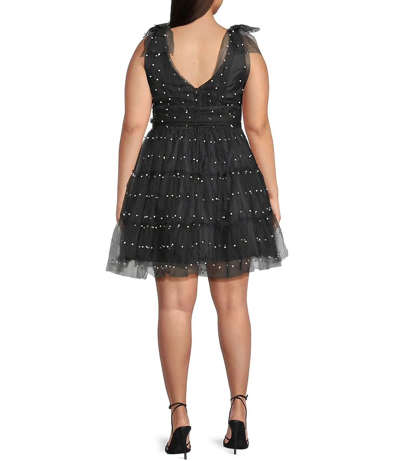 B. Darlin Plus Size Faux Pearl V-Neck Ruffle Dress