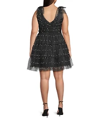 B. Darlin Plus Size Faux Pearl V-Neck Ruffle Dress