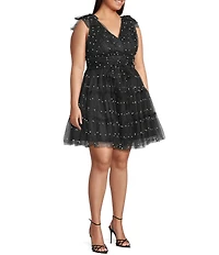 B. Darlin Plus Size Faux Pearl V-Neck Ruffle Dress