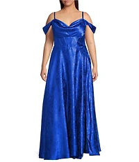 B. Darlin Plus Size Floral Print Off Shoulder Cowl Neck Spaghetti Strap Bustier A-Line Dress